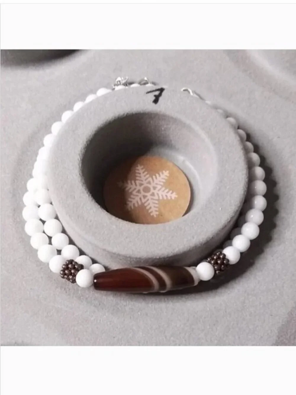 Dainty Slimline Wrap Bracelet – Brown Banded Agate & White Ceramic Beads (7